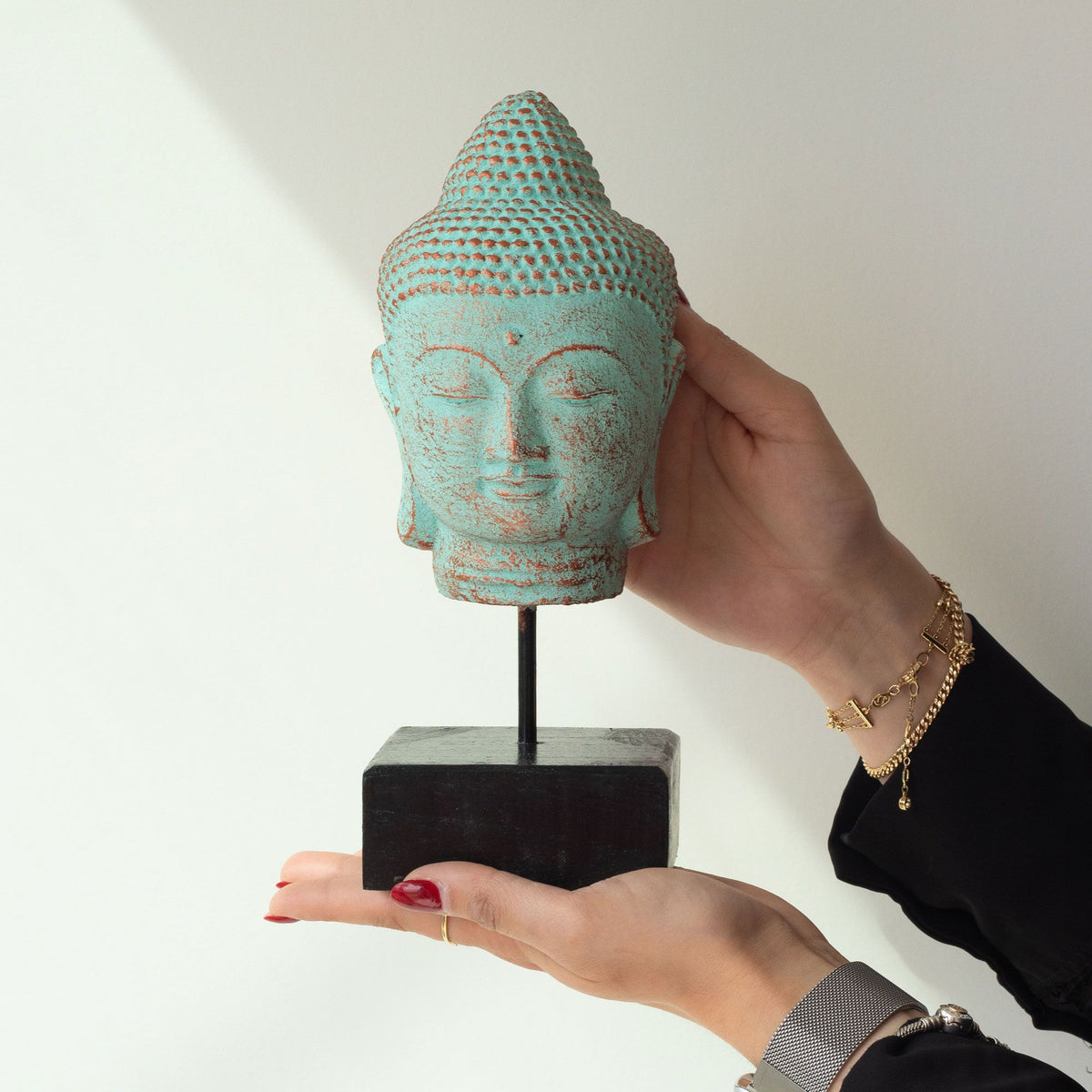 Stillness Buddha Head Statue with Stand – Green Copper Finish – view 3
