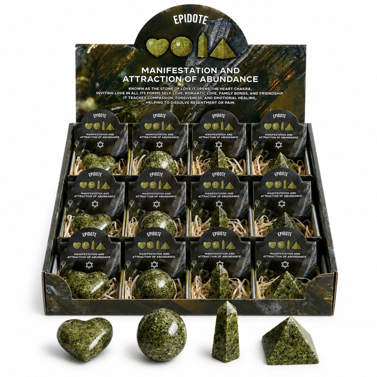 Epidote Gemstone Shapes Set - Heart, Sphere, Obelisk, Pyramid – view 3