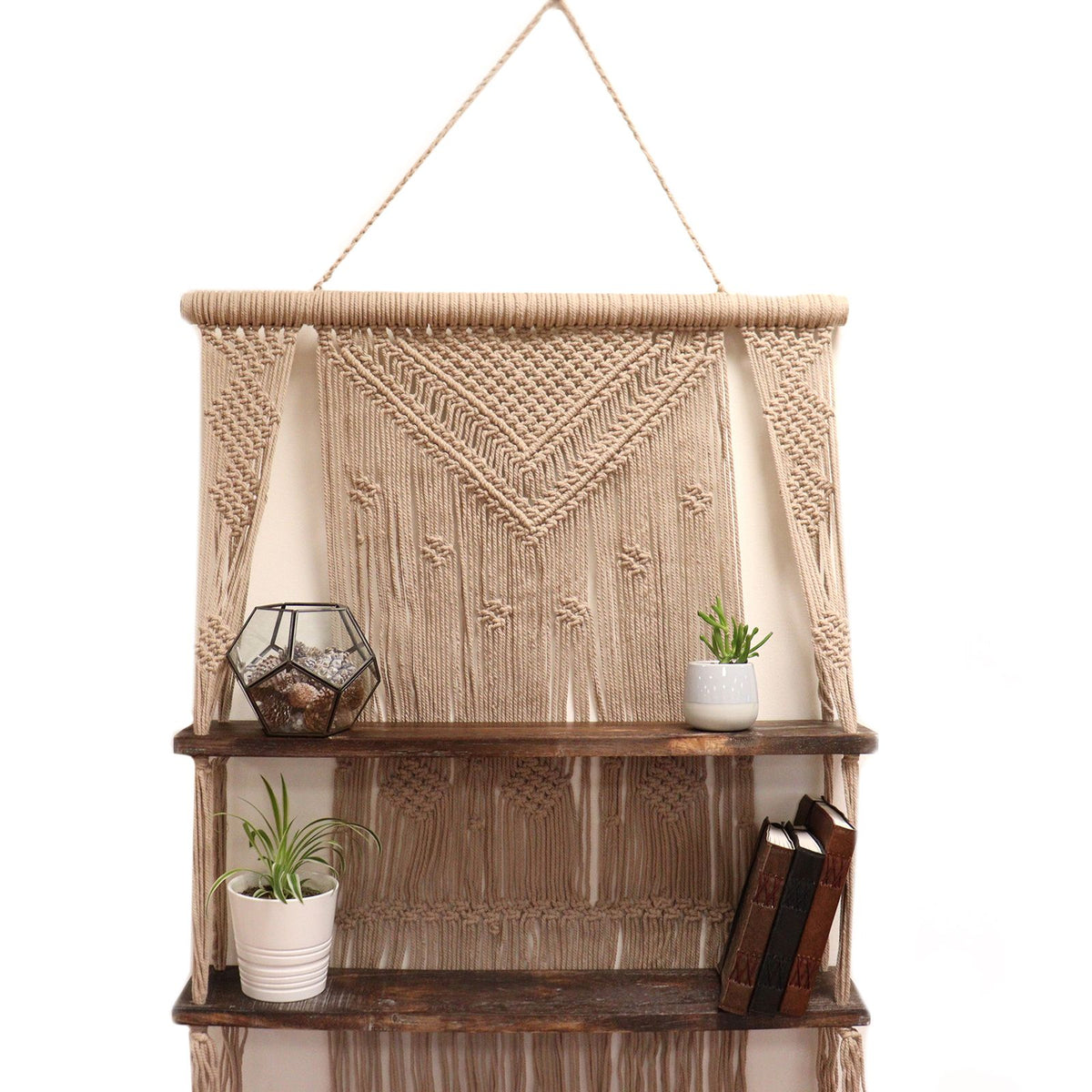 Macrame Hanging Shelf - Brown Wood, Brown Rope, 150 cm – view 5