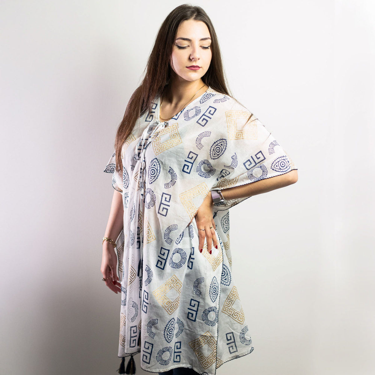 Nomad Sari Kaftan with Gold & Blue Greek Motif – view 7