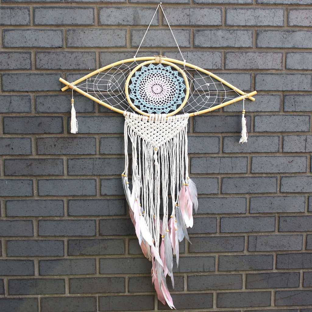 Large Macrame Eye Dream Catcher - Blue, White & Pink – view 3