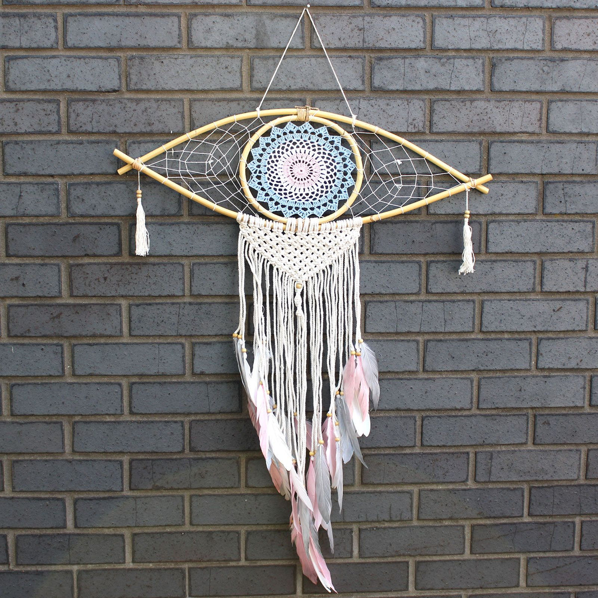 Large Macrame Eye Dream Catcher - Blue, White & Pink – view 3
