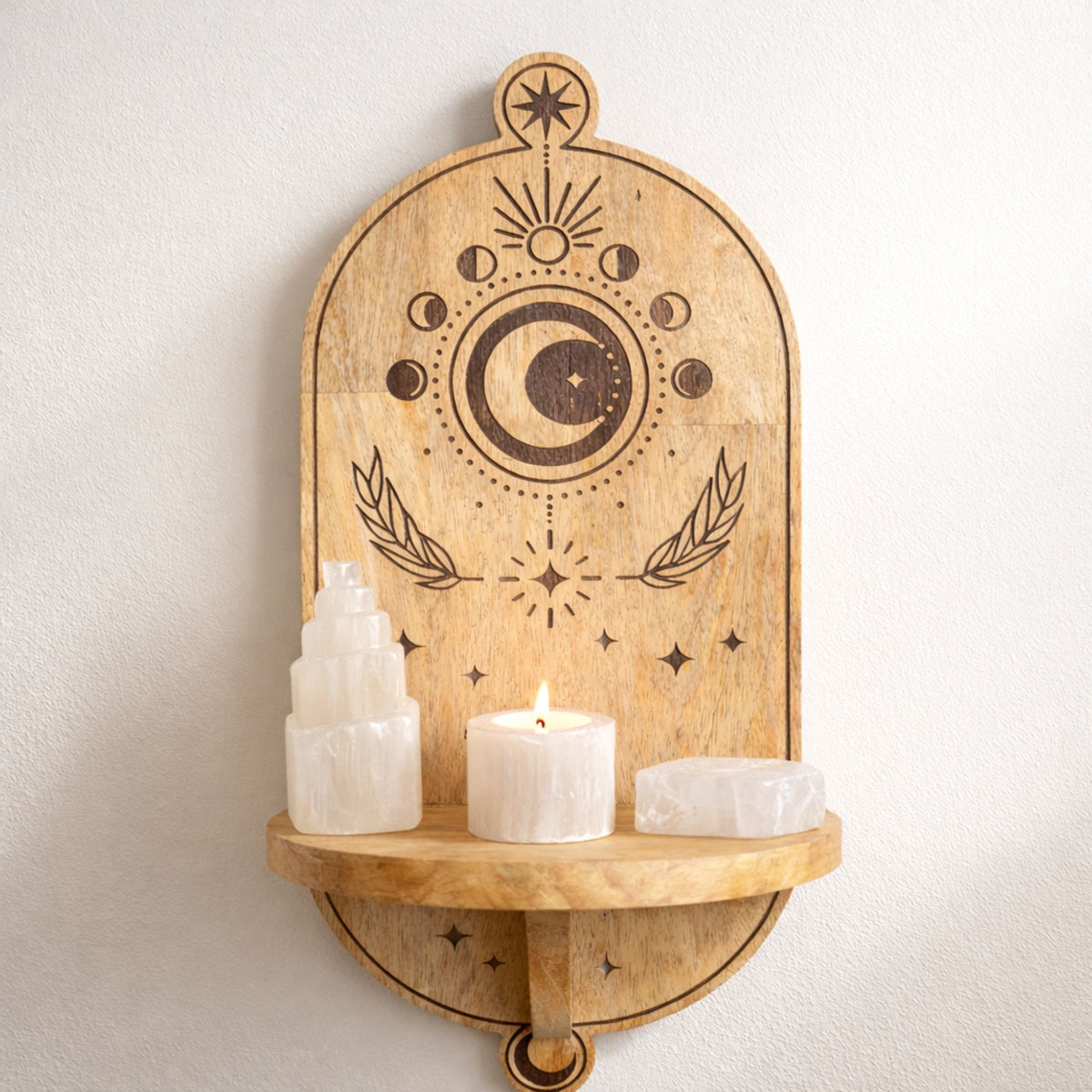 Mango Wood Moon Phase Arch Wall Shelf with Tree – view 3