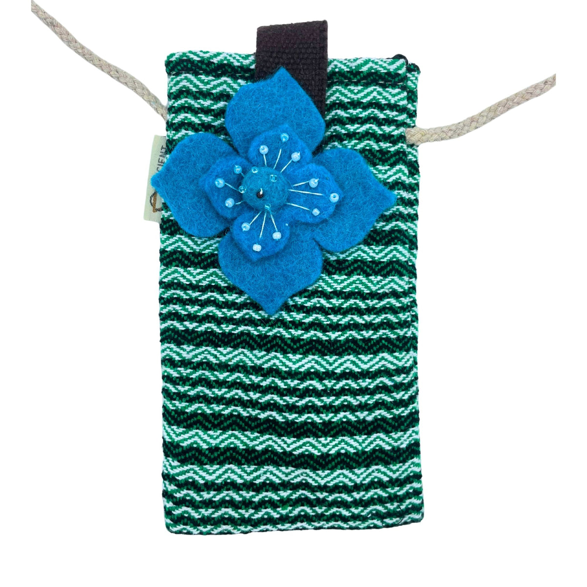 Cotton Phone Holder Bag with Flower Print, Green Stripes