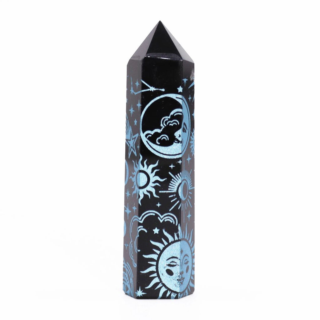 Engraved Black Obsidian Point - Sky Blue Celestial Symbols – view 7