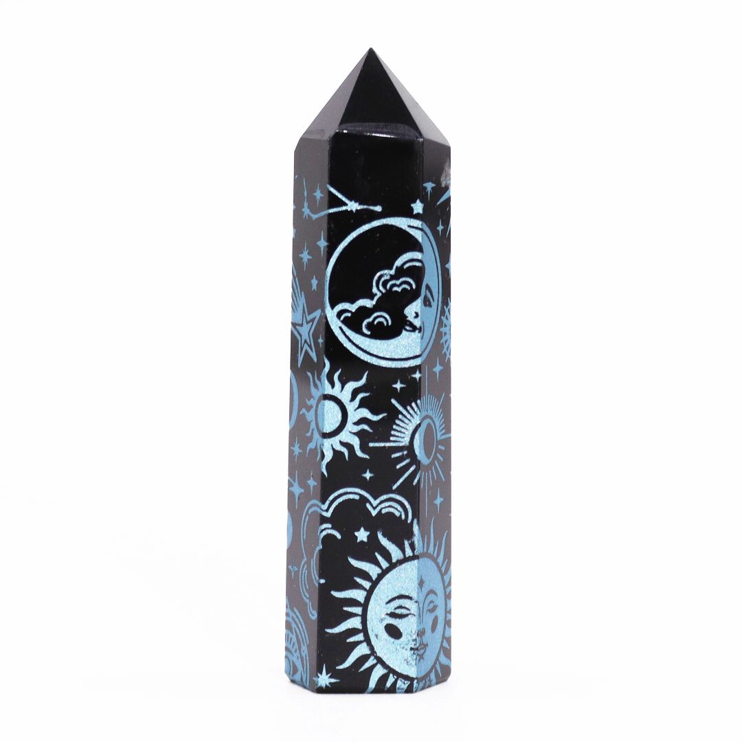 Engraved Black Obsidian Point - Sky Blue Celestial Symbols – view 7