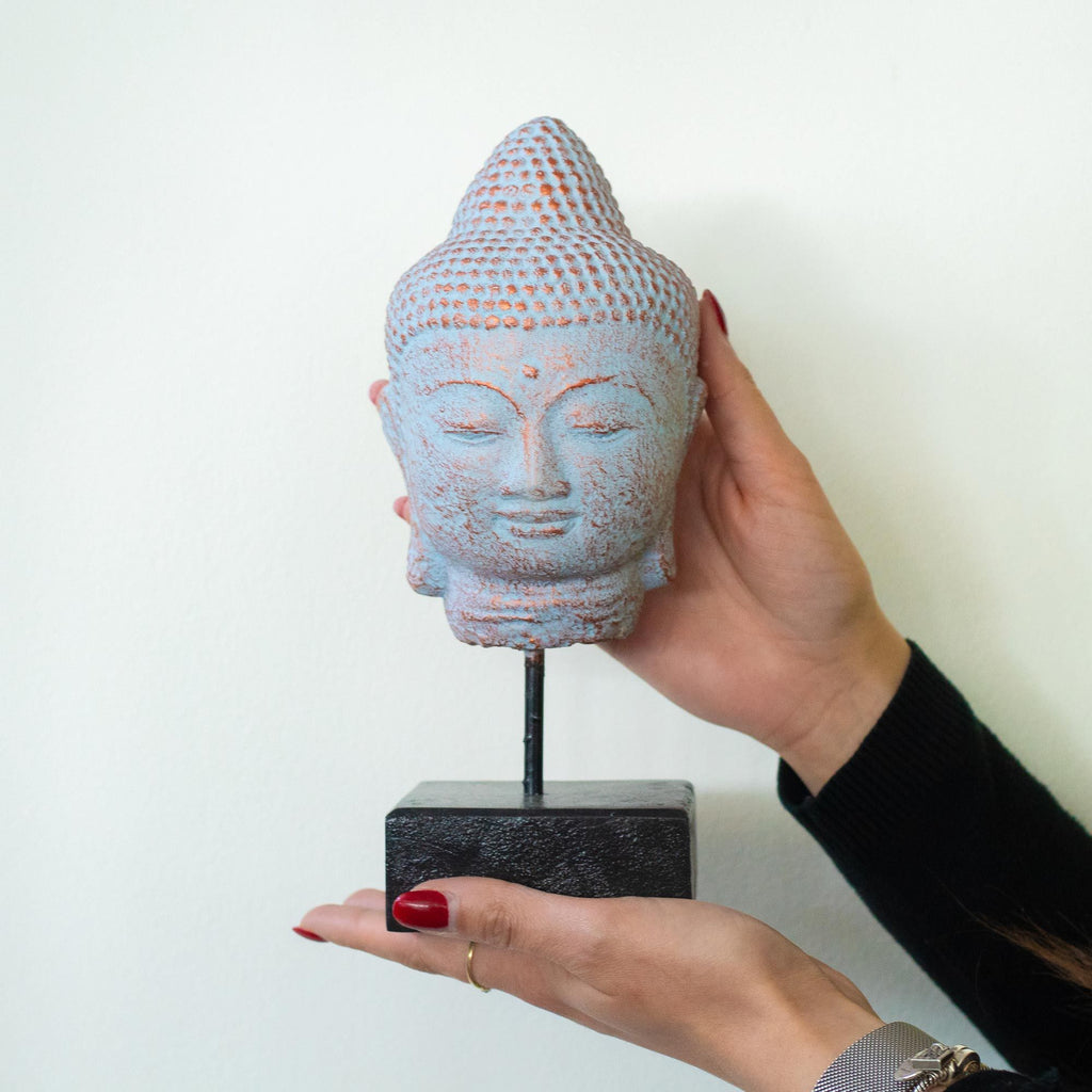 Stillness Buddha Head Statue on Stand, Blue Copper – view 2