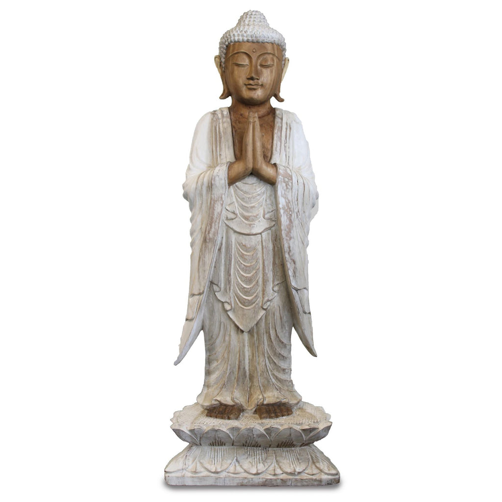 Hand Carved Buddha Statue, Welcome Pose, Whitewash, 100cm – view 2