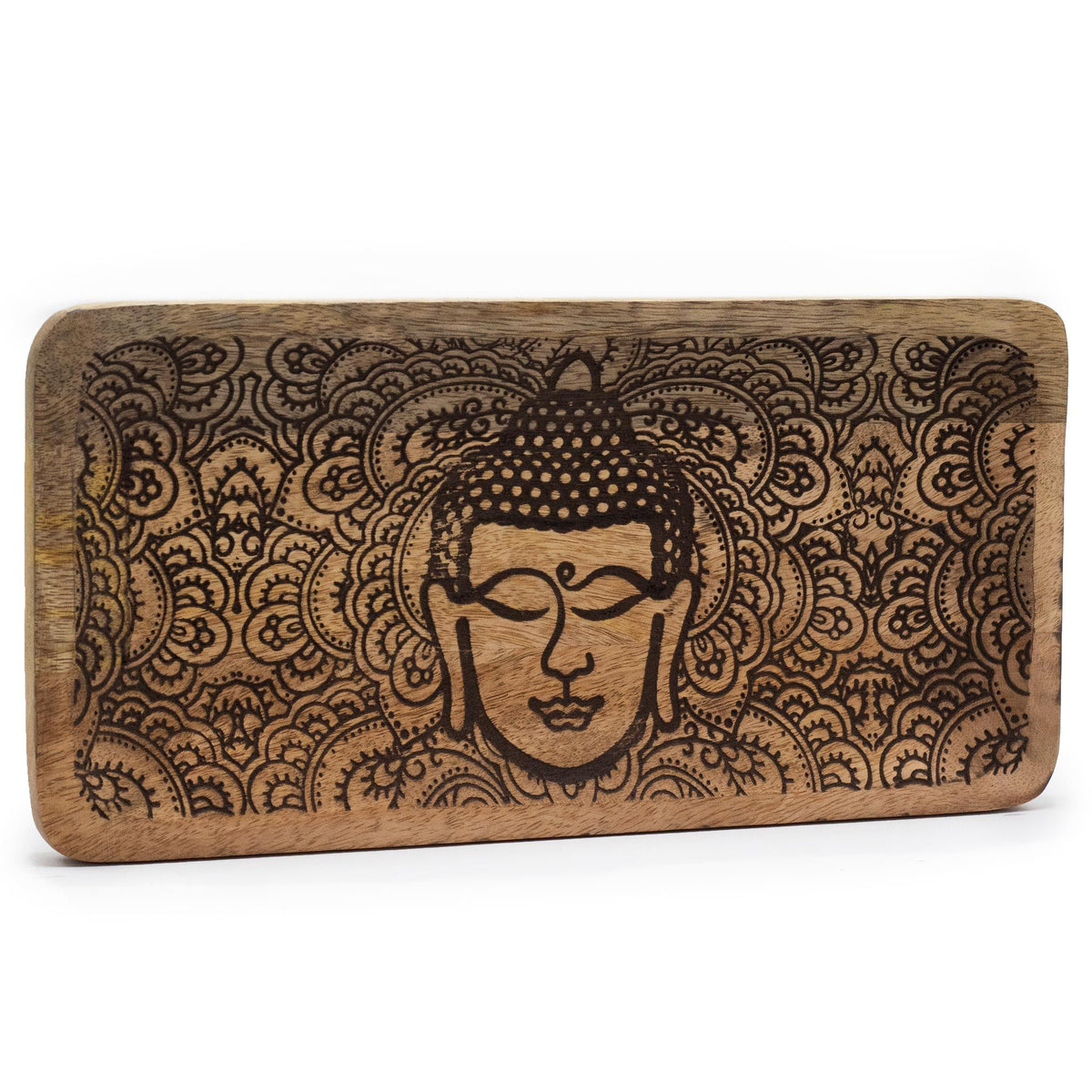 Mango Wood Long Tray 30x15cm, Buddha Face Black Engraved