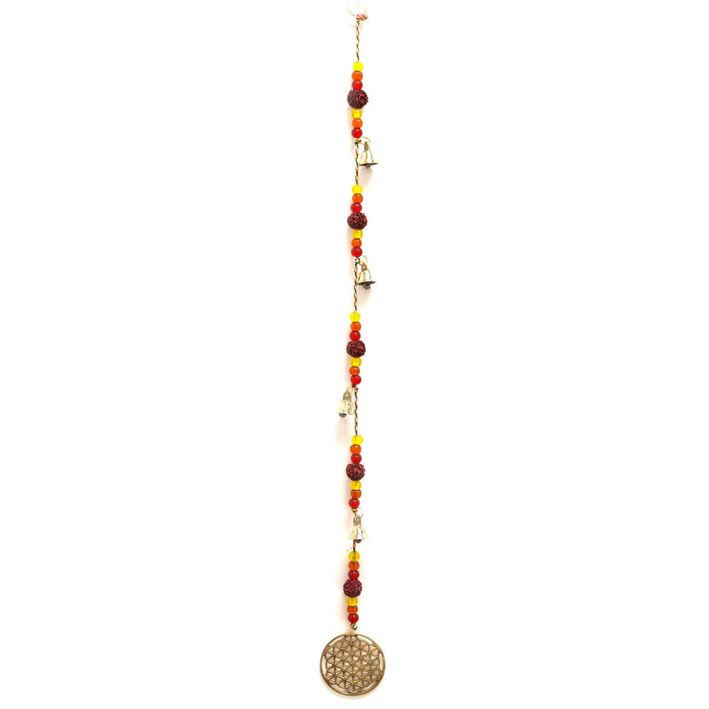 Brass Flower of Life Wind Chime with Rudraksha Beads, 63cm