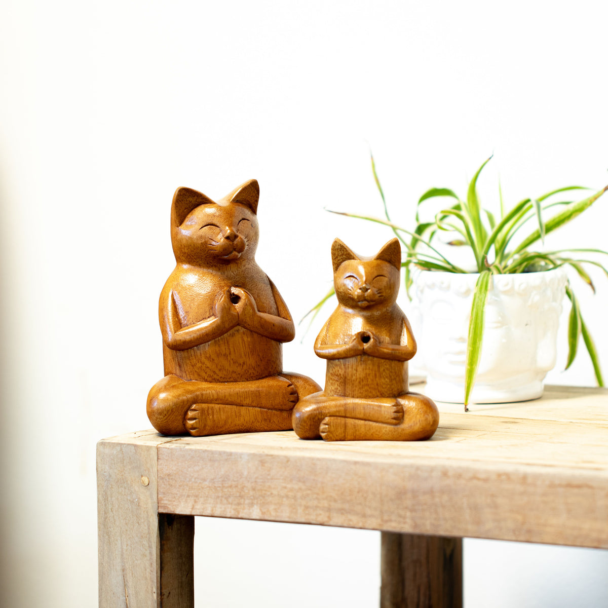 Carved Wooden Incense Burner - Large Yoga Cat – view 6