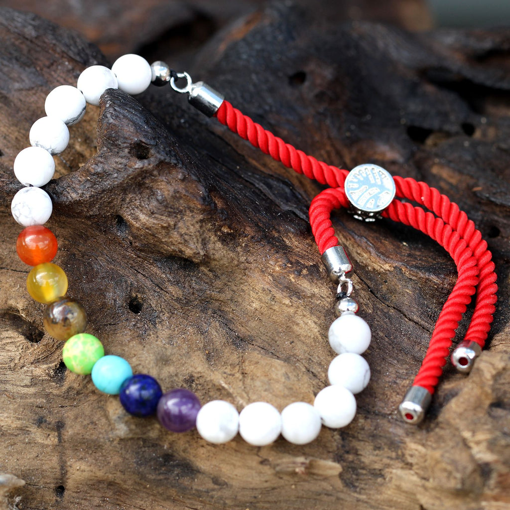 White Howlite Chakra Bead Bracelet on Red Cord – view 2