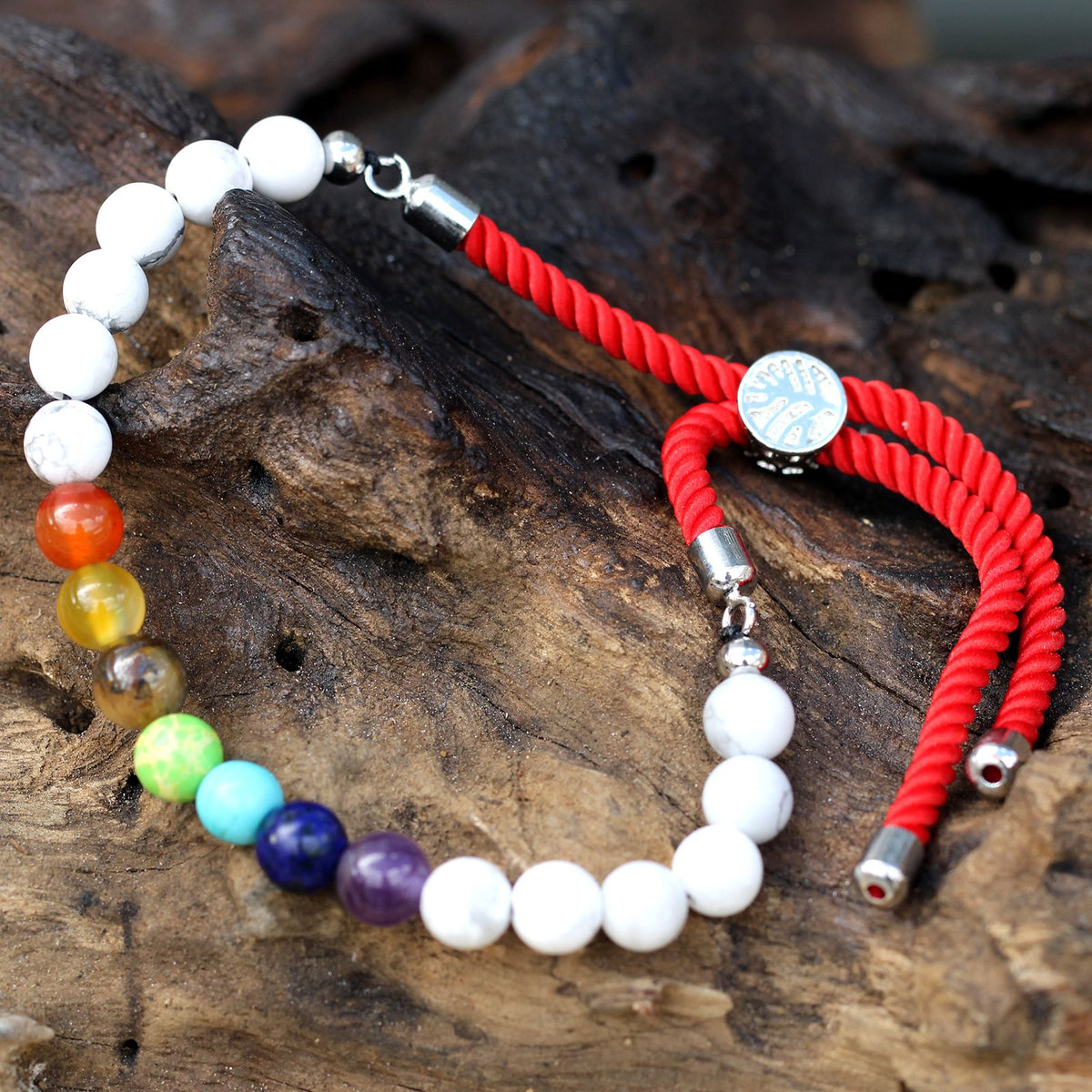 White Howlite Chakra Bead Bracelet on Red Cord – view 2