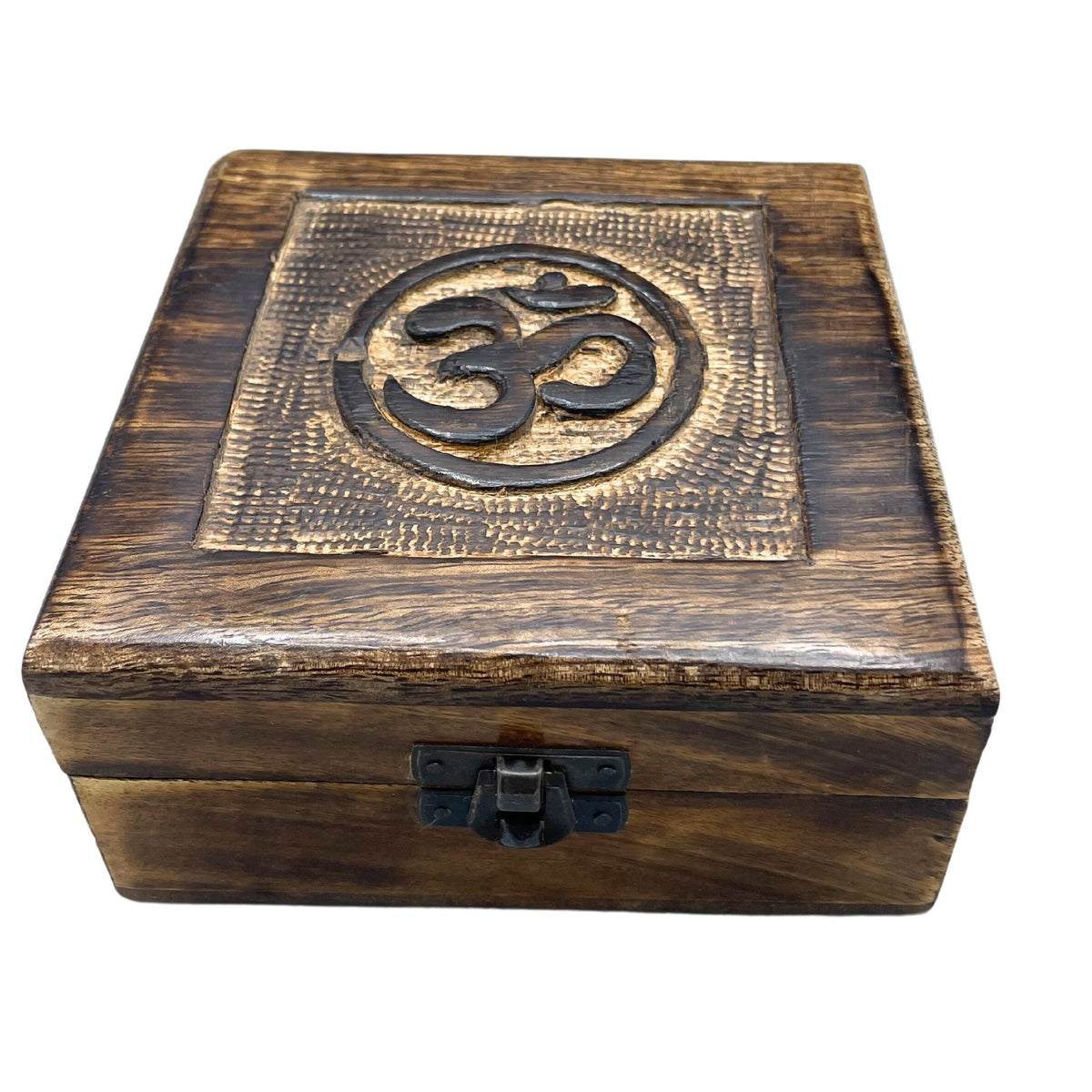 Square Mango Wood Keepsake Box 13x13x6cm - Om