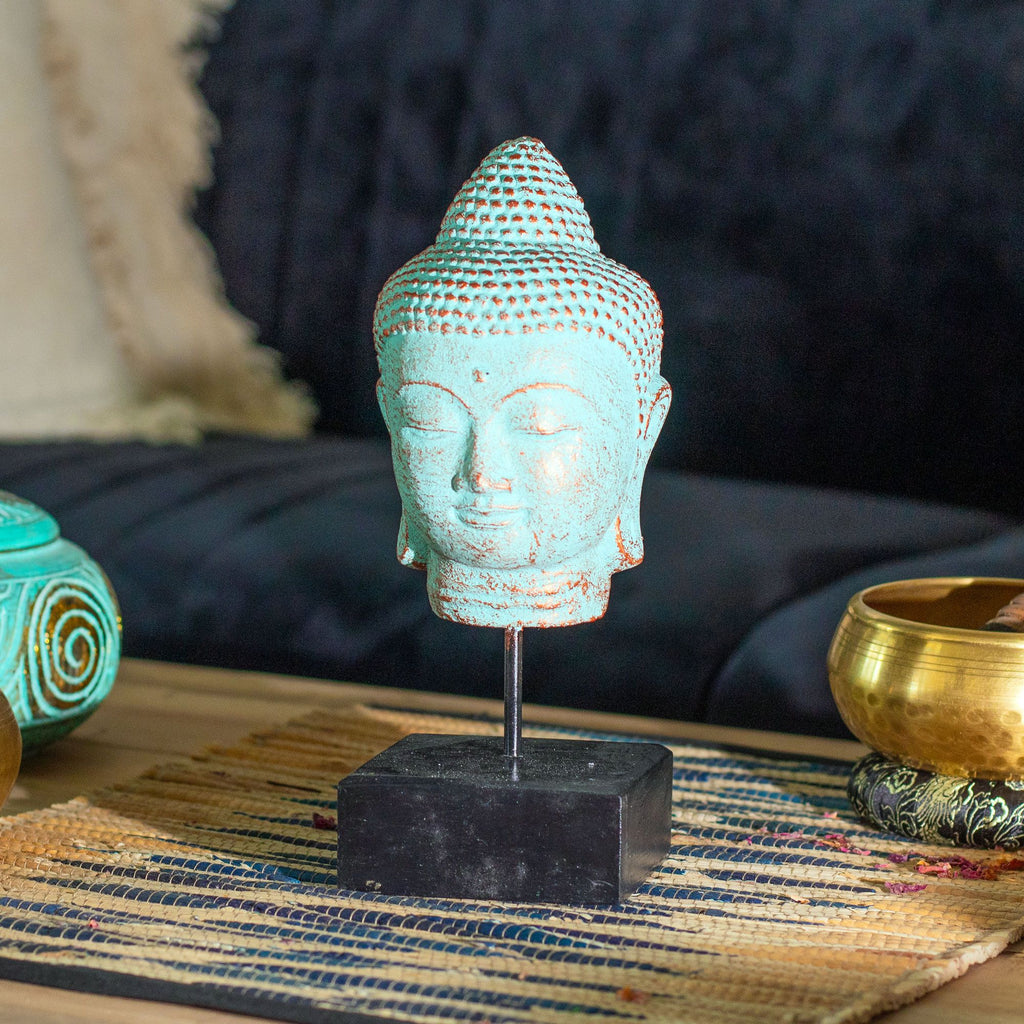 Stillness Buddha Head Statue with Stand – Green Copper Finish – view 2