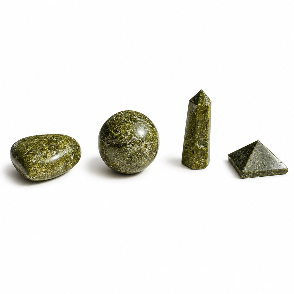 Epidote Gemstone Shapes Set - Heart, Sphere, Obelisk, Pyramid