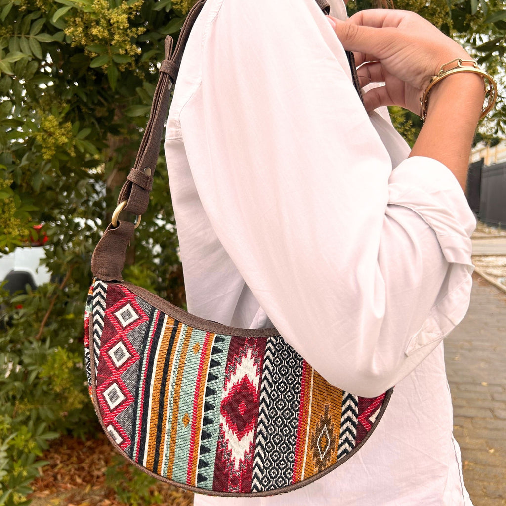 Jacquard Hobo Bag - Rich Browns, Brown Strap