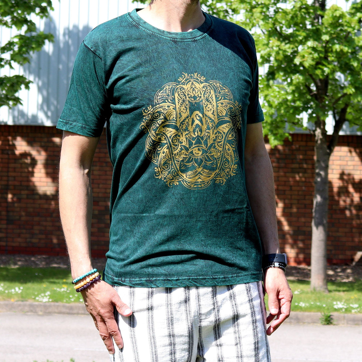 Nomad Sari Stonewashed T-Shirt - Hamsa - Green - Medium
