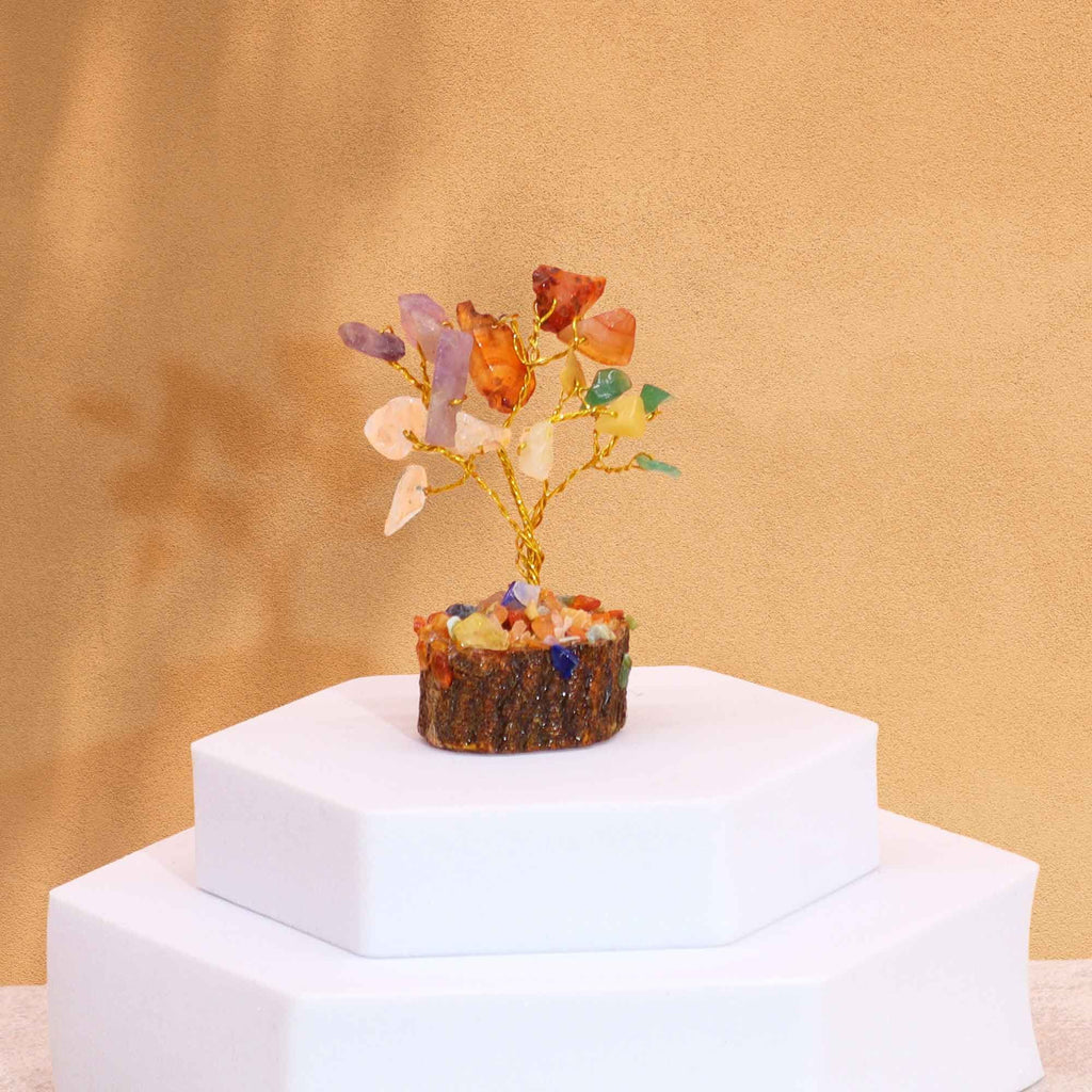 Mixed Gemstone Mini Tree on Wood Base, 15 Stones