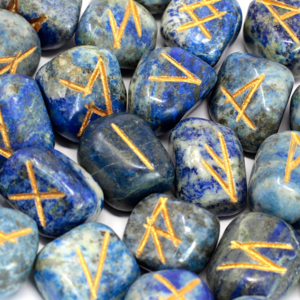 Lapis Lazuli Rune Stone Set in Cotton Pouch