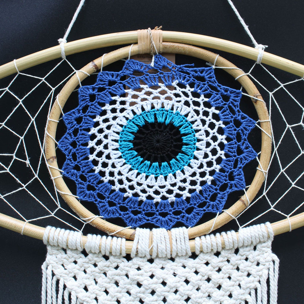 Large Macrame Evil Eye Dream Catcher - Blue, White & Black