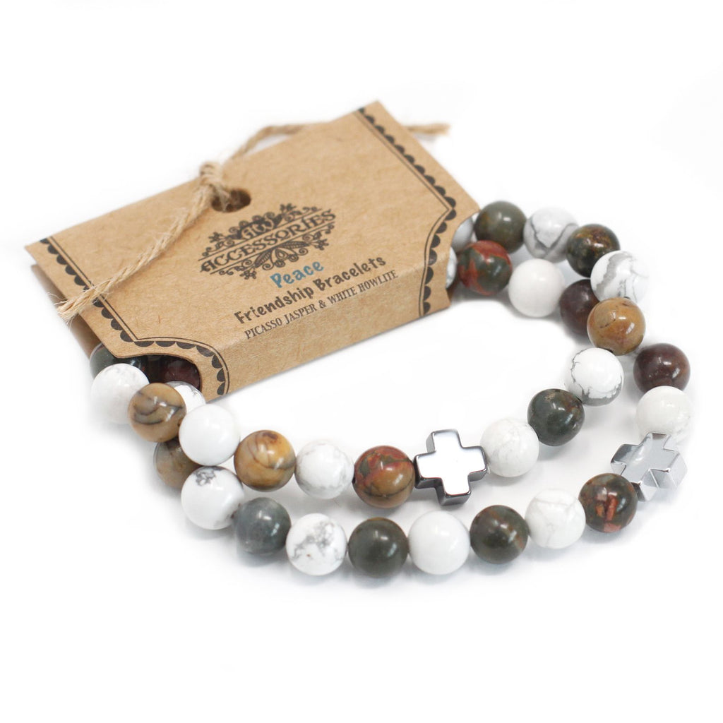 Peace Friendship Bracelet Set - Picasso Jasper & White Howlite – view 5