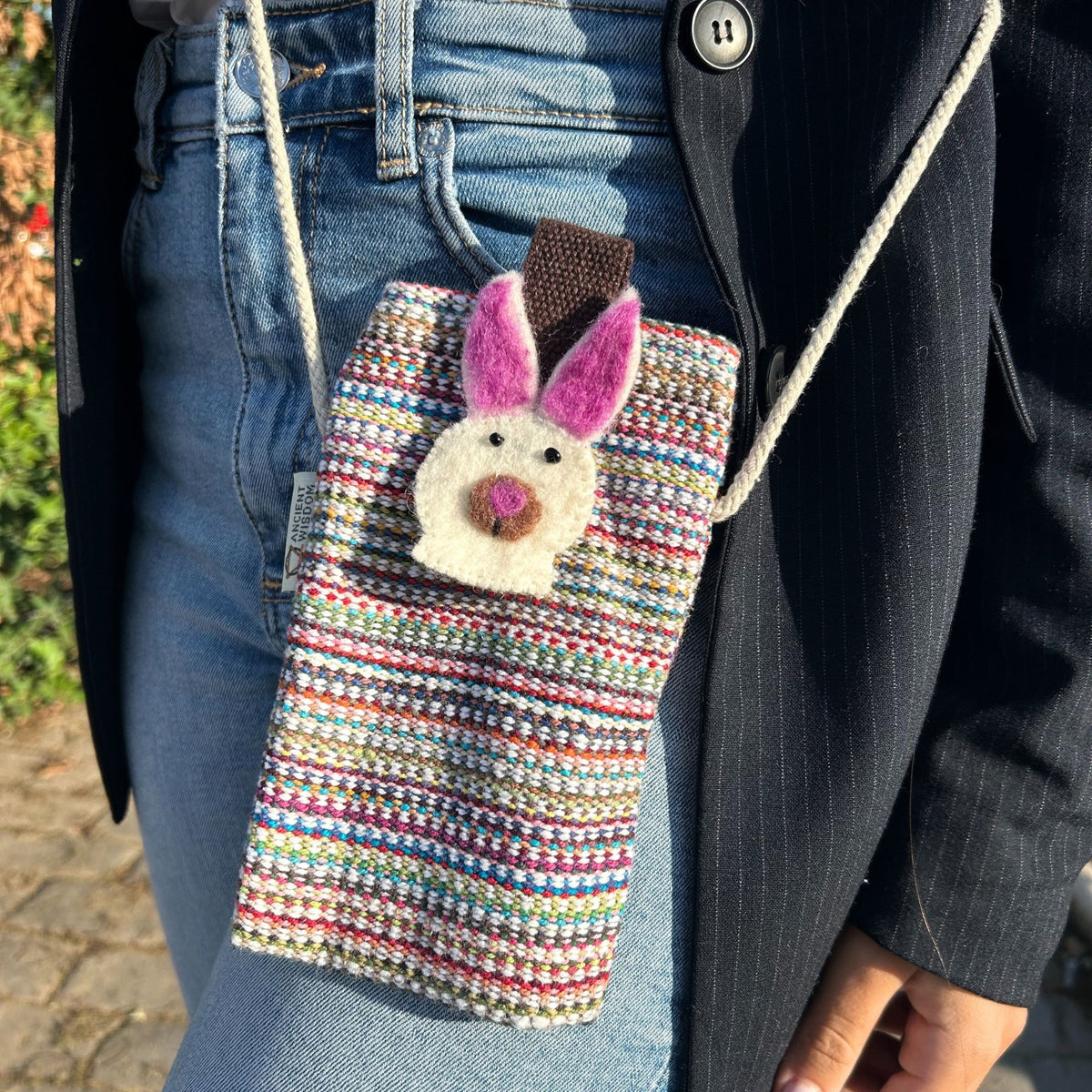 Cotton Phone Holder Bag with Bunny Print, Pink Stripes