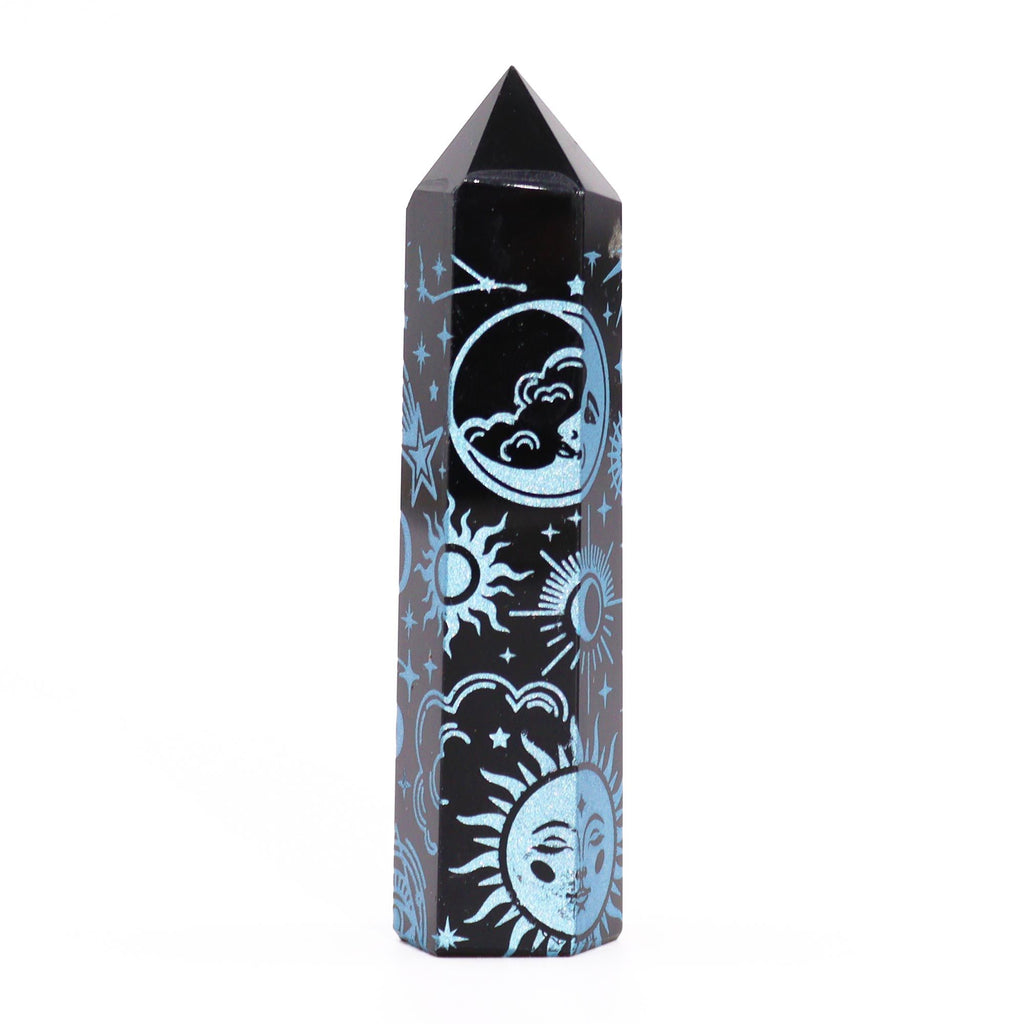 Engraved Black Obsidian Point - Sky Blue Celestial Symbols – view 6