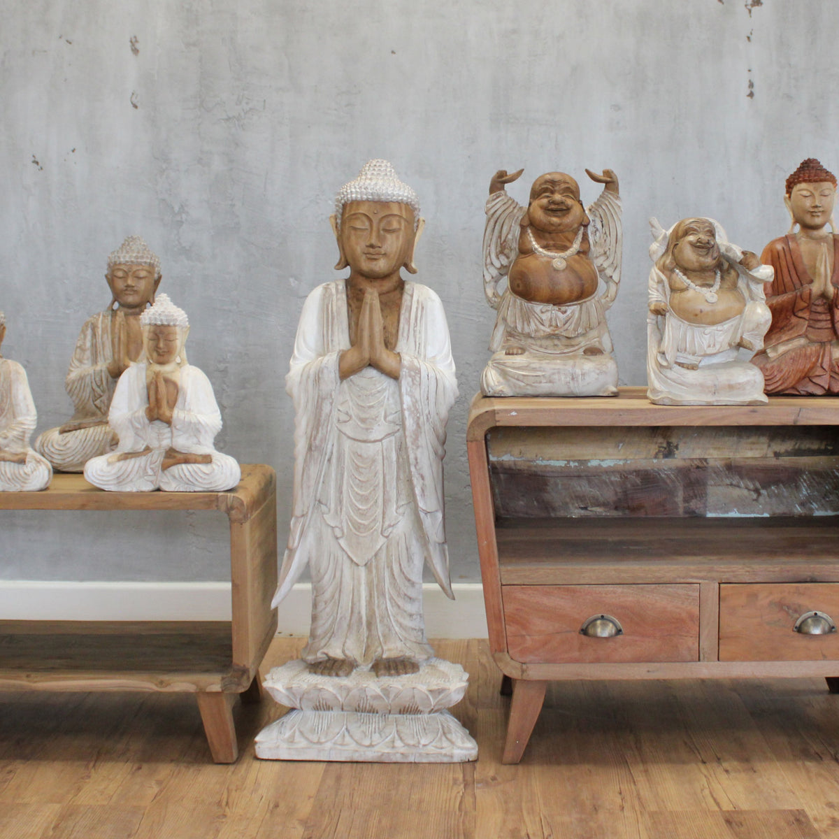 Hand Carved Buddha Statue, Welcome Pose, Whitewash, 100cm – view 4