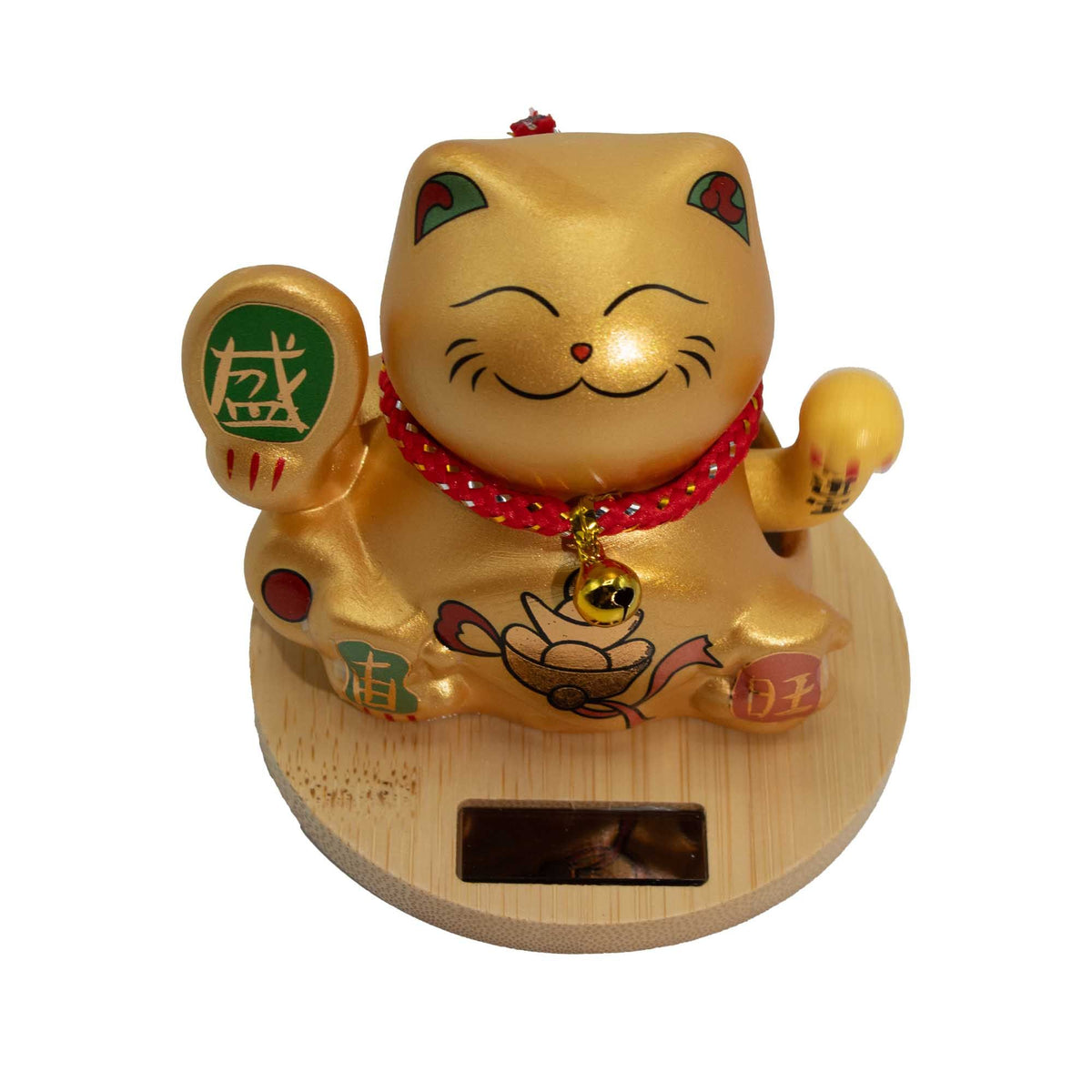 Solar Money Cat, Wooden Base - Gold