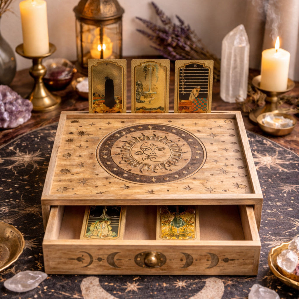Sun Moon Carved Tarot Box with Drawer – view 3
