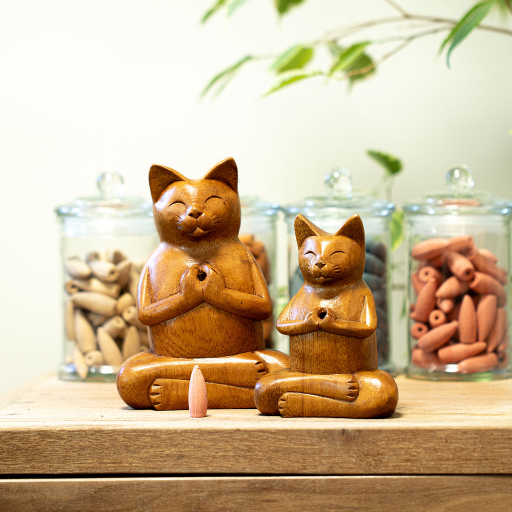 Carved Wooden Incense Burner - Large Yoga Cat – view 7