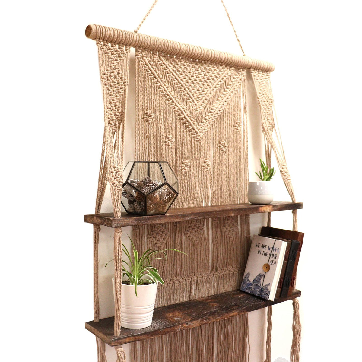 Macrame Hanging Shelf - Brown Wood, Brown Rope, 150 cm – view 4