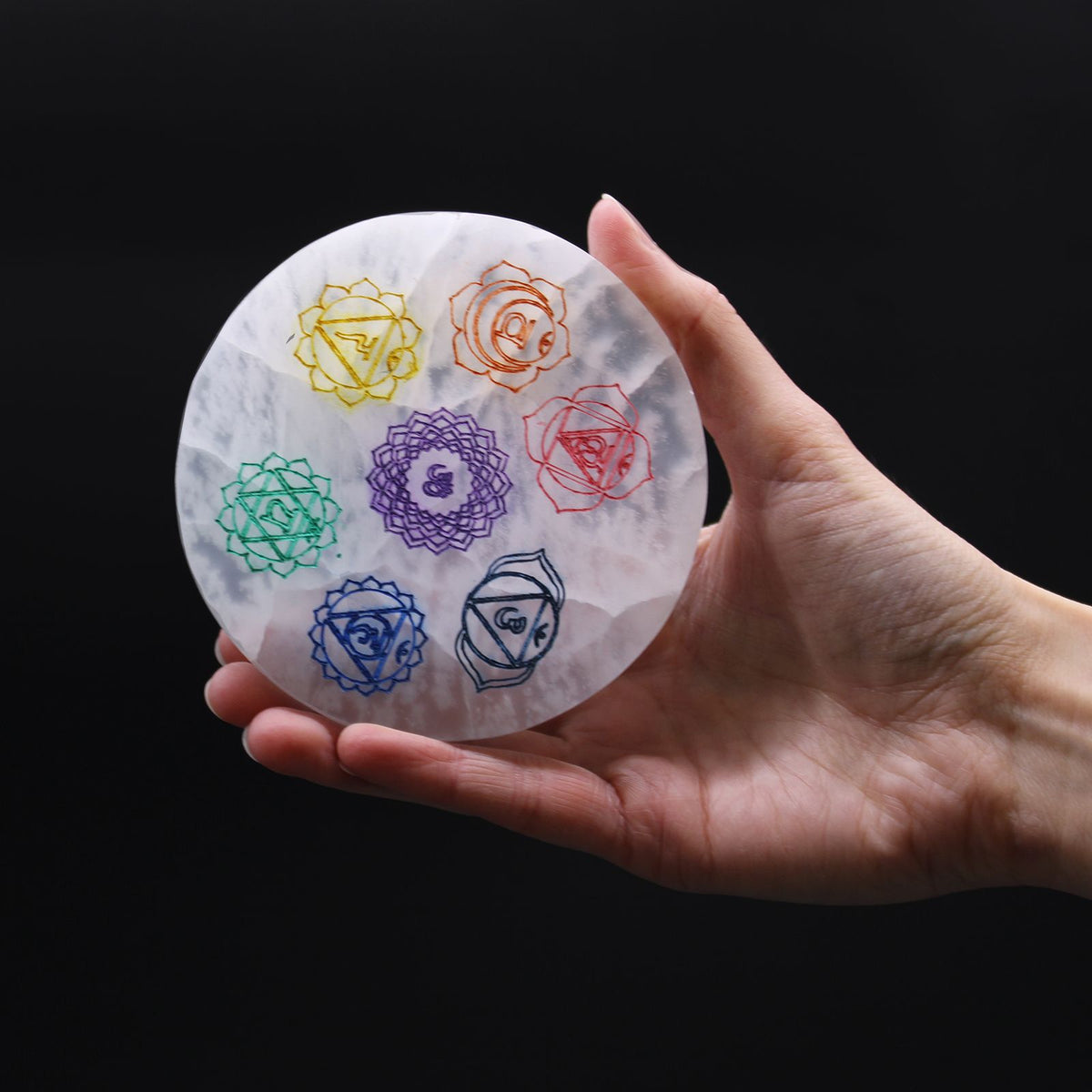 Selenite Medium Plate 10cm - Coloured Chakra Design