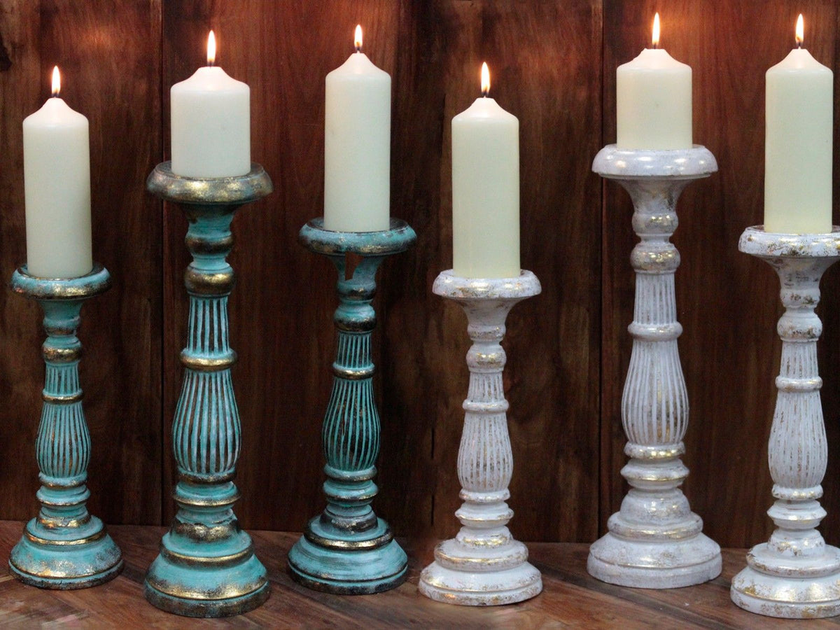 Medium Wooden Candle Stand - Turquoise & Gold, 34cm – view 6