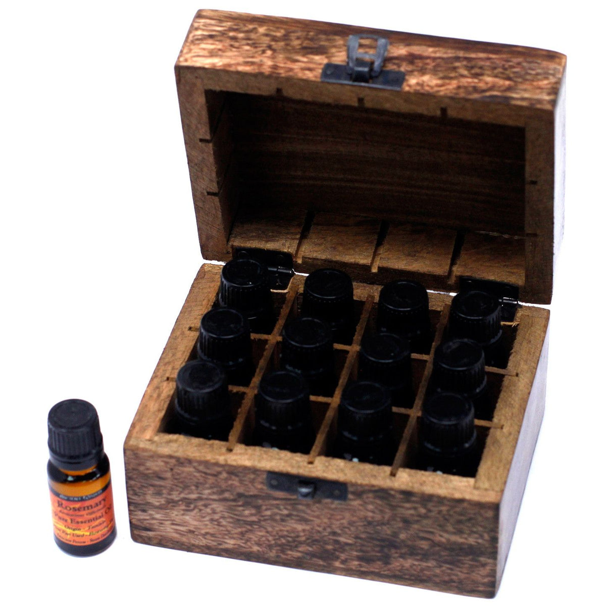 Carved Mango Wood Essential Oil Box - Holds 12 Bottles