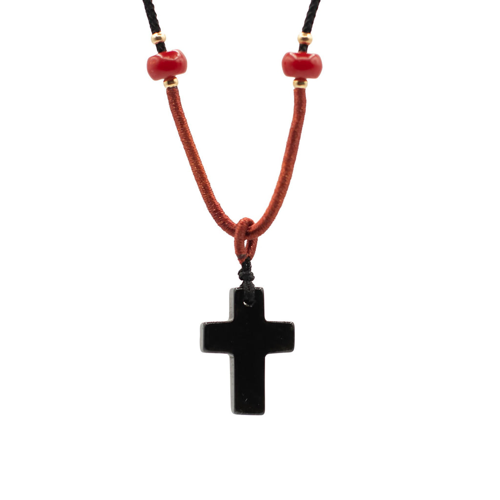 Black Agate Cross Cord Necklace Pendant