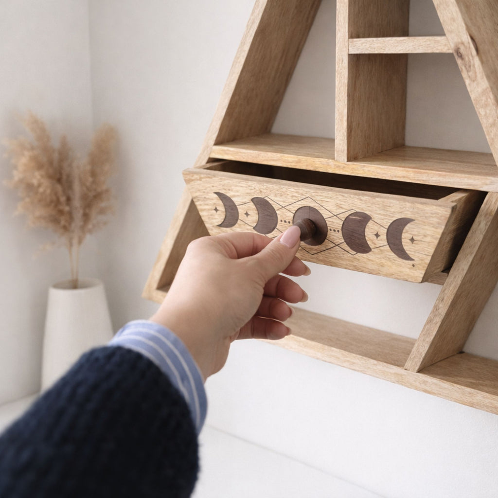 Mango Wood Triangle Wall Shelf with Drawer – view 2