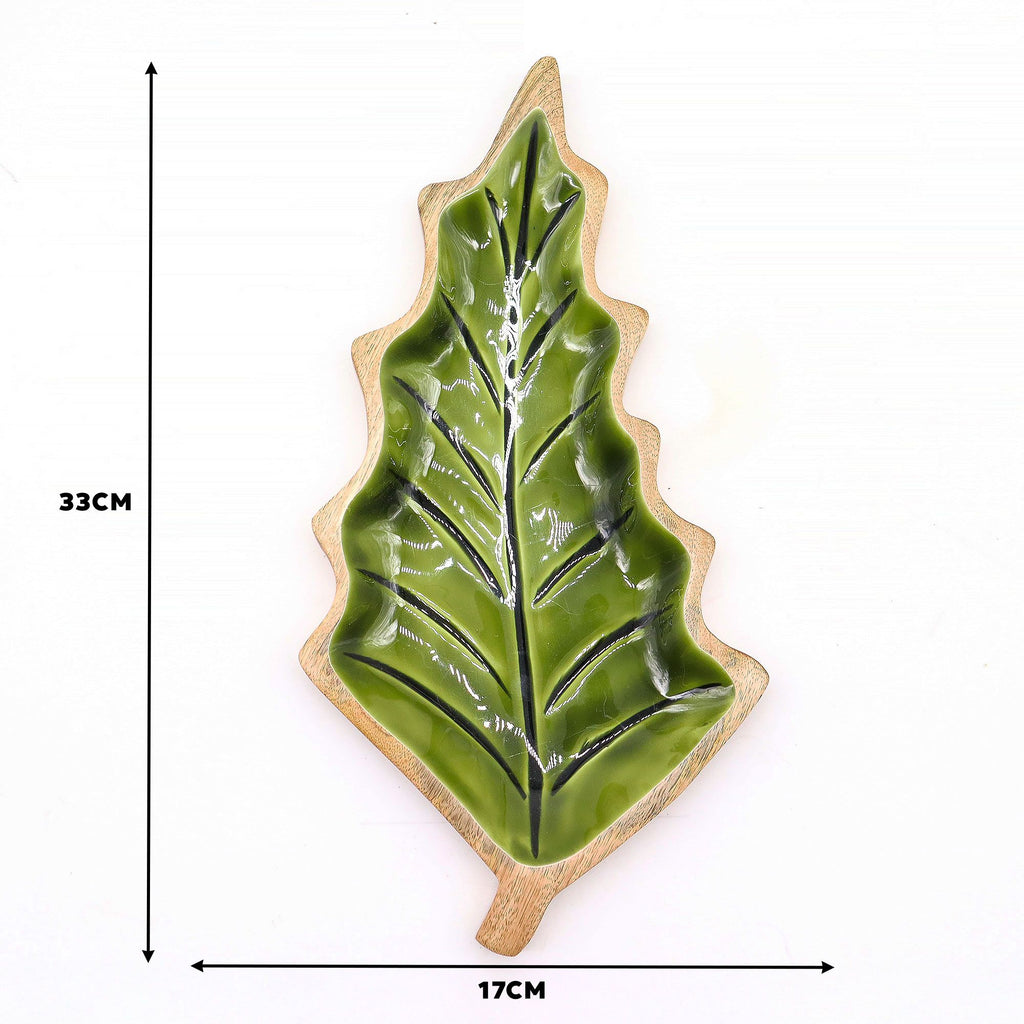 Green Enamel Leaf Wooden Bowl - 33 x 17 cm – view 2