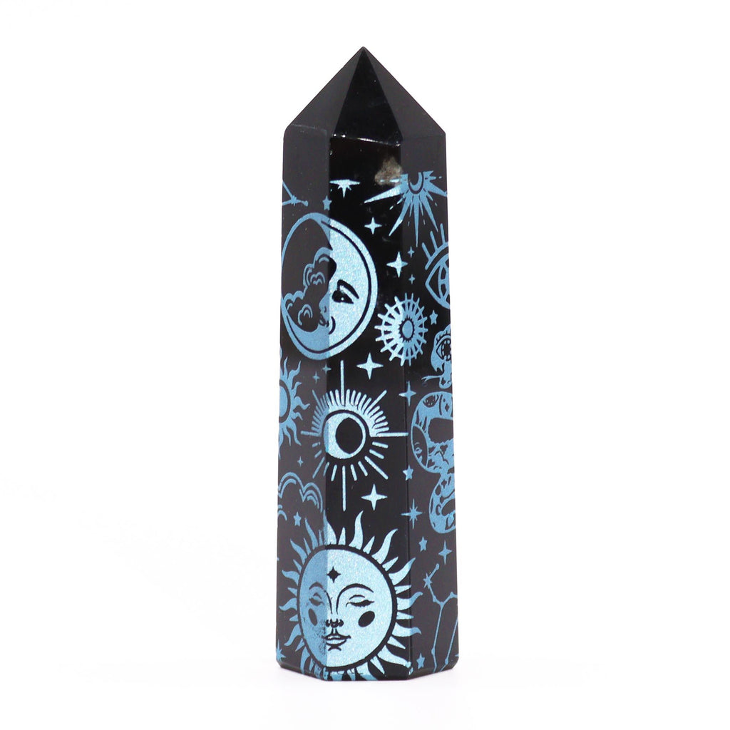 Engraved Black Obsidian Point - Sky Blue Celestial Symbols – view 8