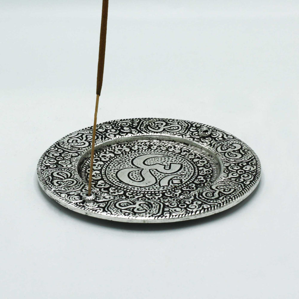 Polished Aluminium Om Round Incense Holder 11cm – view 2