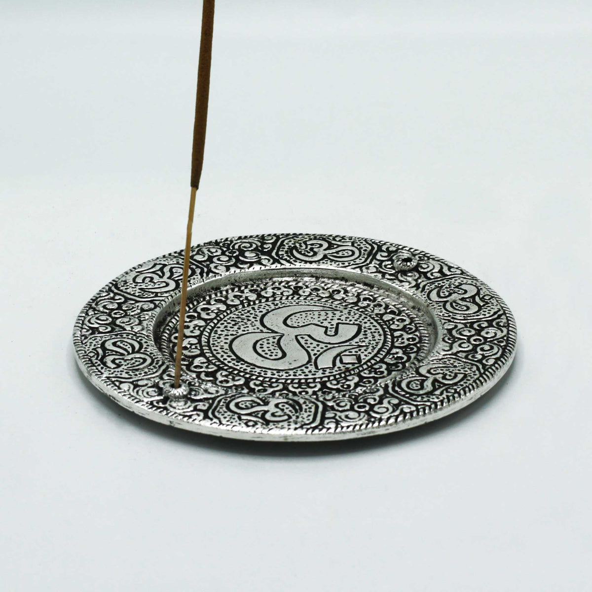 Polished Aluminium Om Round Incense Holder 11cm – view 2