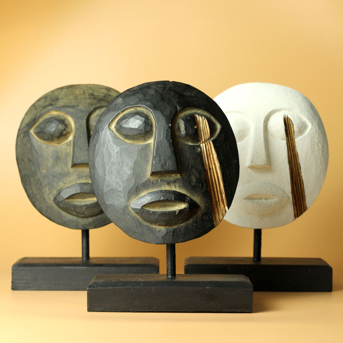 Timor Tribal Wood Mask, White Finish, 27x20cm