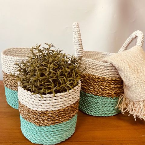 Seagrass Basket Set, 3 Pieces - Green, Natural, White
