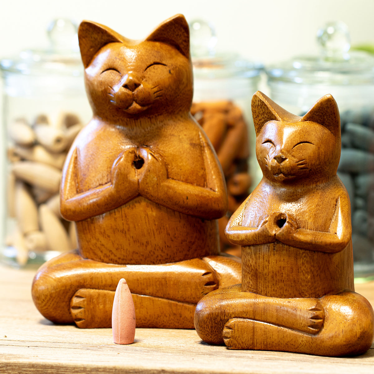 Carved Wooden Incense Burner - Large Yoga Cat – view 4