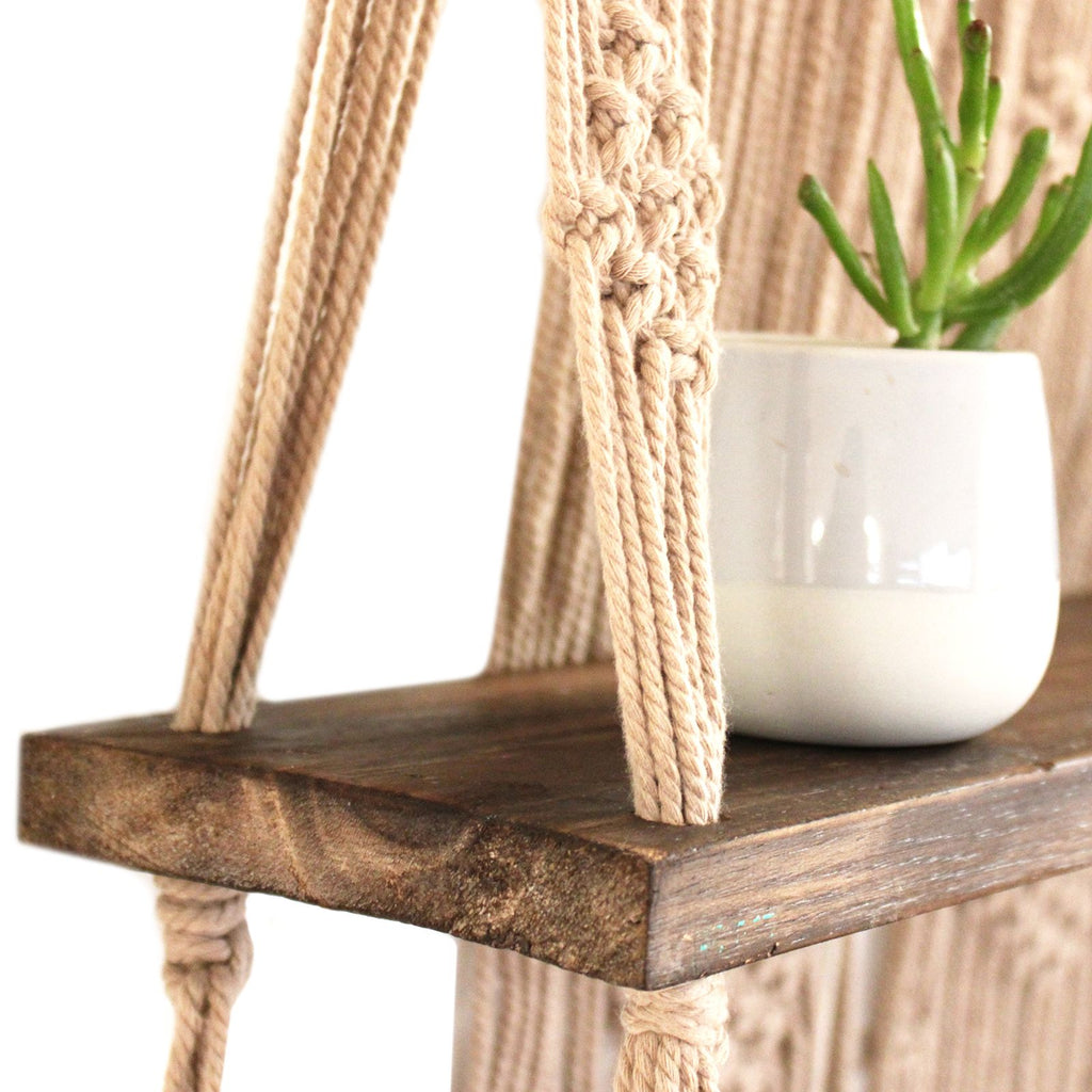 Macrame Hanging Shelf - Brown Wood, Brown Rope, 150 cm – view 3