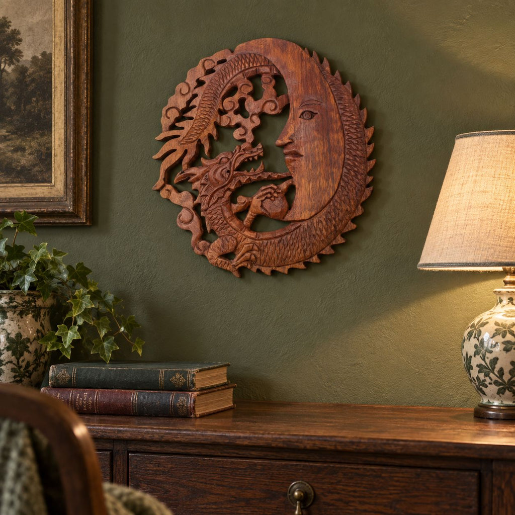 Moonface & Dragon Plaque Carving - 30cm