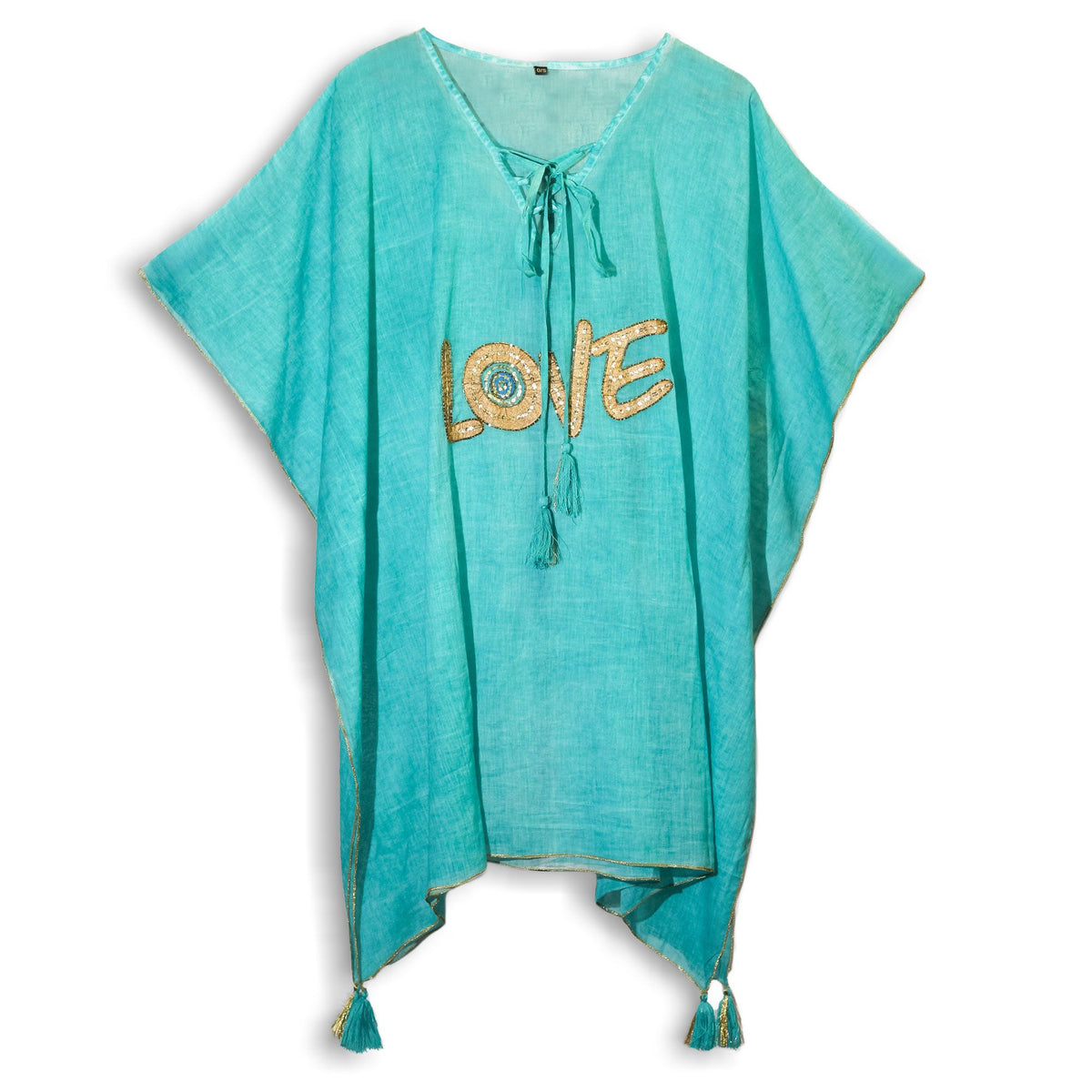 Nomad Sari Kaftan in Turquoise & Gold Love Design – view 2