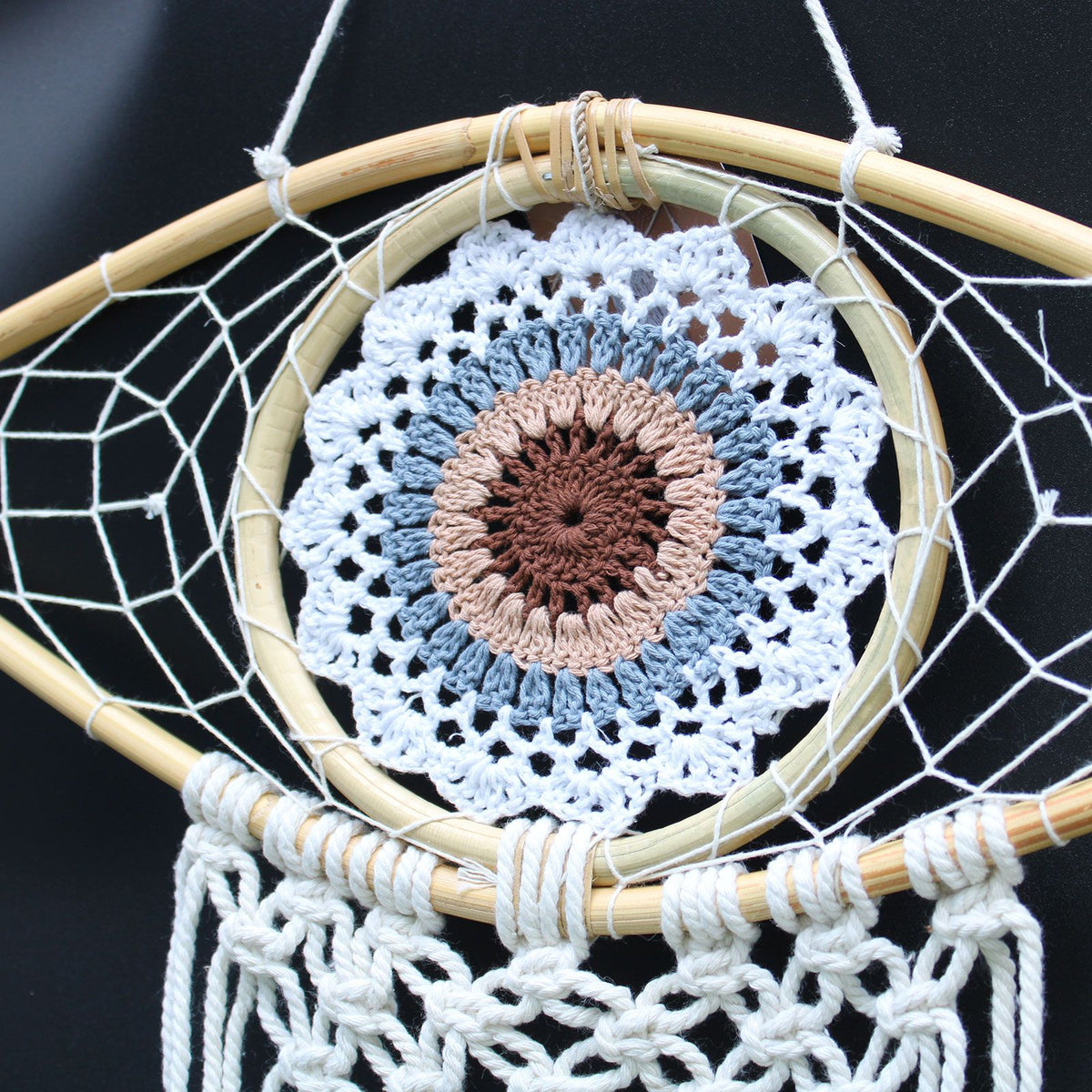Medium Macrame Eye Dream Catcher - White, Grey & Brown – view 4