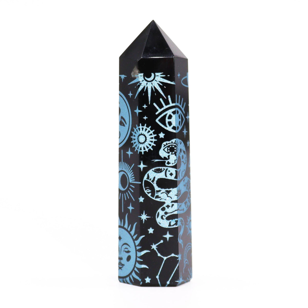 Engraved Black Obsidian Point - Sky Blue Celestial Symbols – view 5
